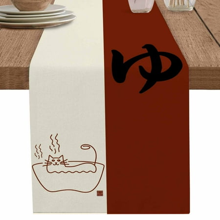 nqOlkjepod Japanese Cat Table Runner 70 Inches Long Farmhouse Dress Scarves, Modern Minimalist Cartoon Brown Beige Dining Tablerunner for Coffee Table/Kitchen Island/Party Décor, 13" x 70"