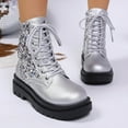 thumbnail image 5 of Juebong Womens Sequin Sparkle Lace-Up Combat Boots Chunky Low Heel Lug Sole Ankle Boots Glitter Short Booties Silver,40, 5 of 8