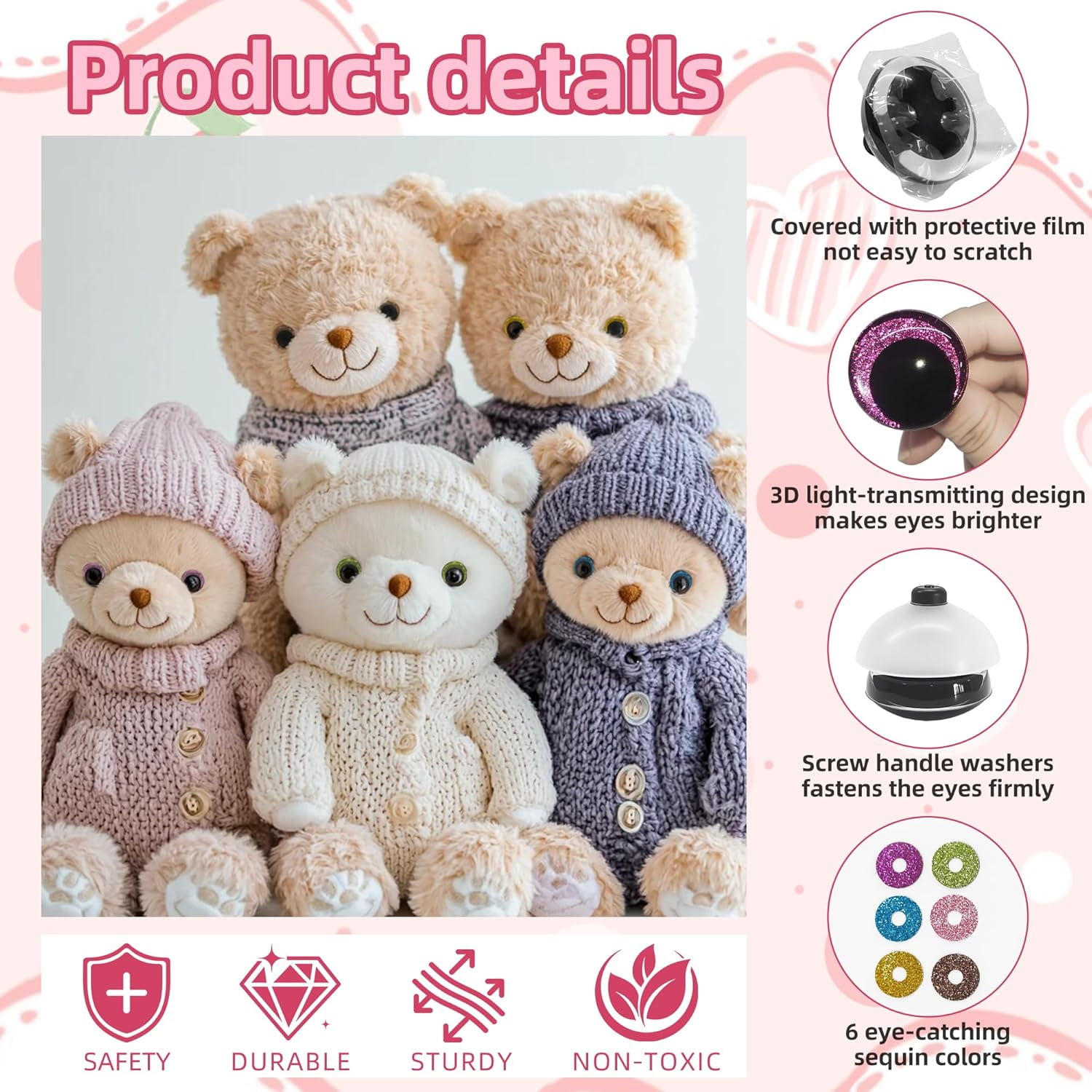 420-Piece 3D Glitter Moon Safety Eyes and Noses for Crochet Animals, 12-30mm Amigurumi Doll Making Supplies with Bowl Washers, DIY Stuffed Animal Craft Kit