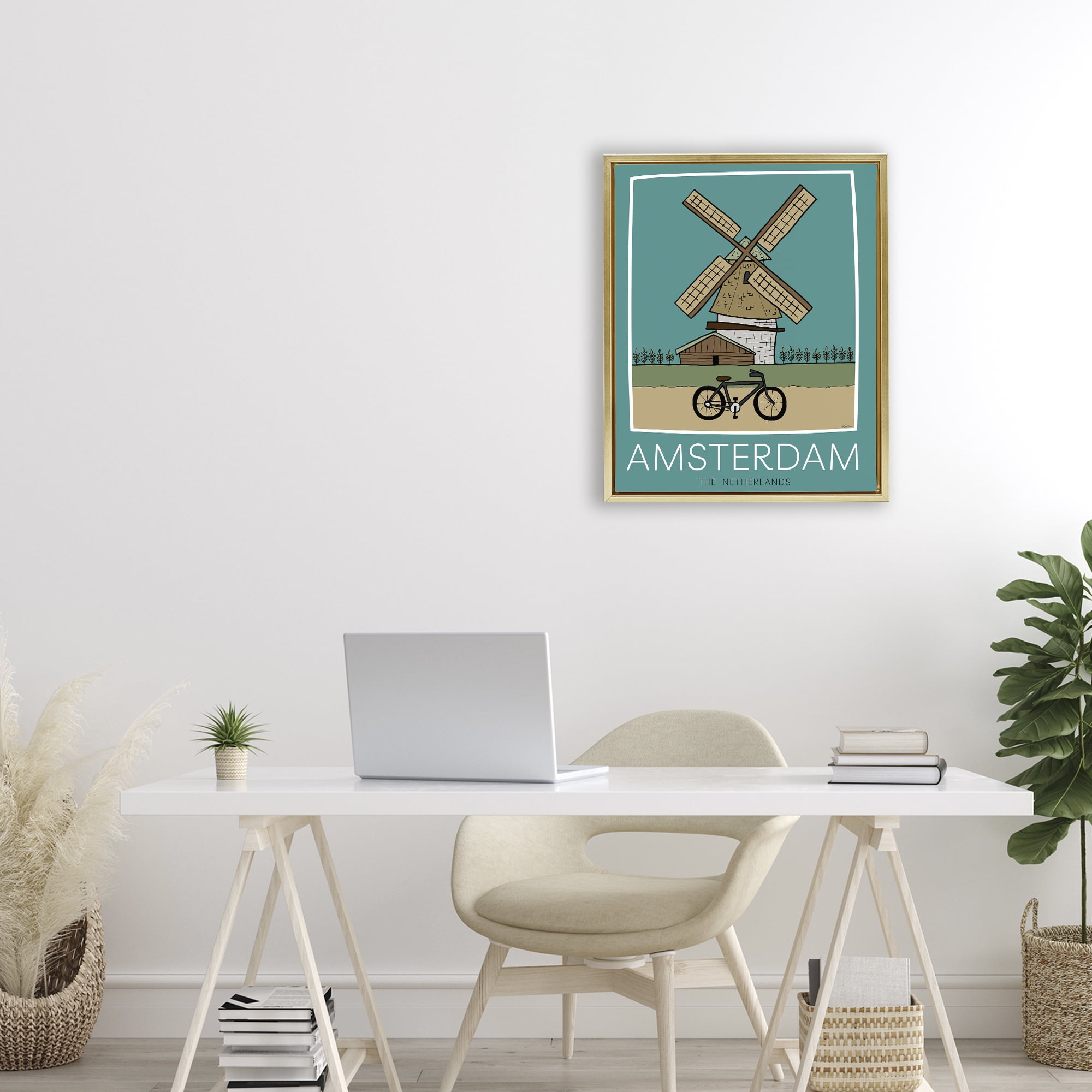 Stupell Industries Amsterdam Windmill Poster Gold Framed Floater Canvas Wall Art, design by Hugo Edwins