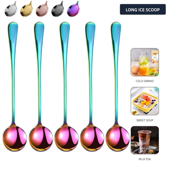 Bxaolu Coffee Spoons, 7.4" Long Handle Iced Tea Spoons, Small Teaspoons Set of 5, Stainless Steel Espresso Spoon, Long Spoon for Stirring, Coffee Bar Accessories(Gold)