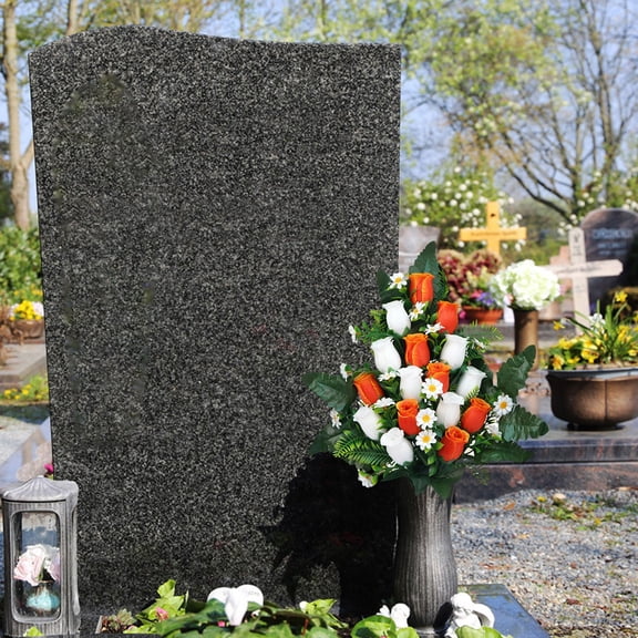 28-inch Artificial Cemetery Rose Bouquet with Vase Holder - Fade-Resistant Memorial Flowers for Graveside, Memorial Day & Remembrance - Orange & White