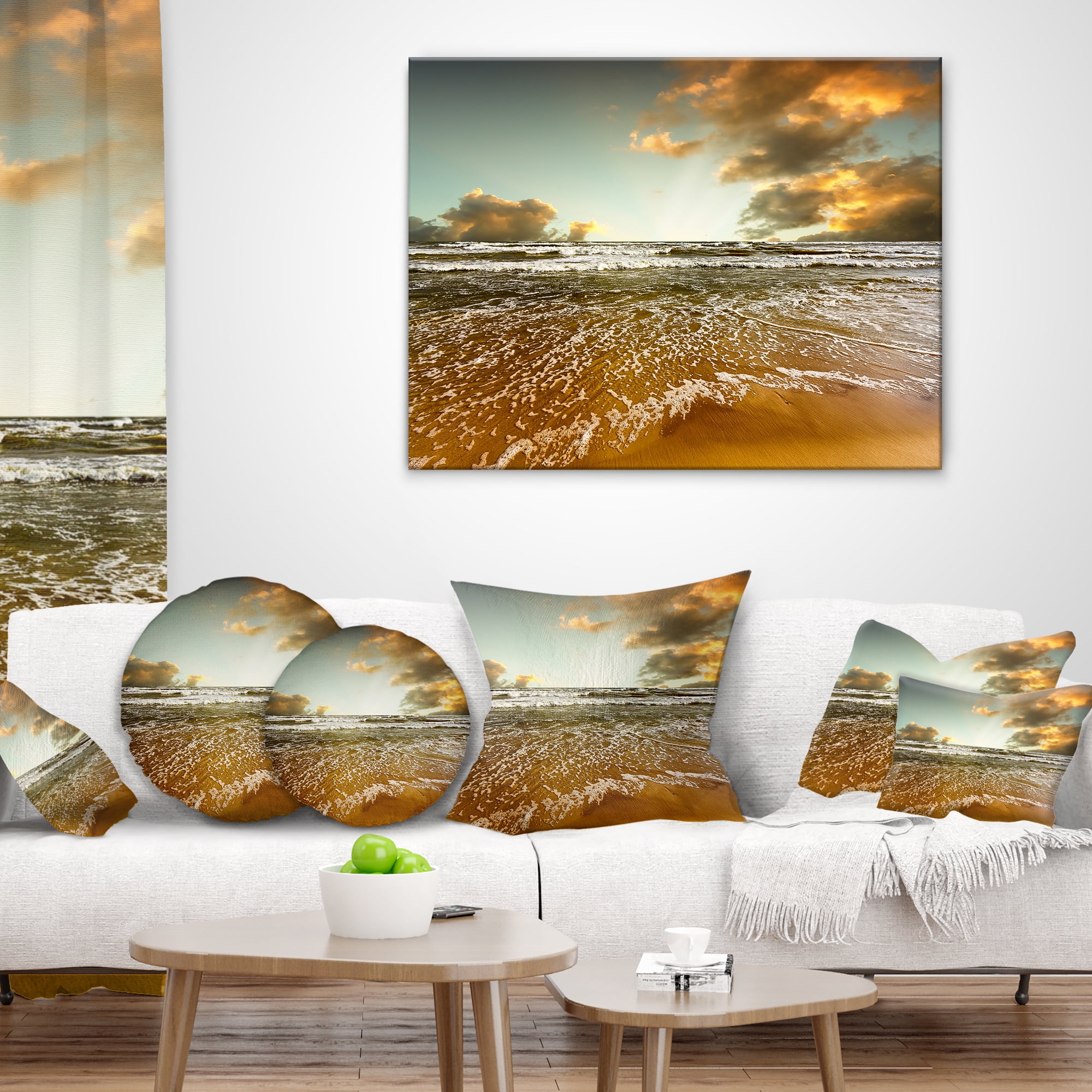 Designart Brown Tinged Beach and Cloudy Sky - Seascape Throw Pillow - 18x18