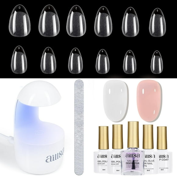 Kit de uñas de gel AILLSA, puntas cortas en forma de almendra, 240 unidades con pegamento