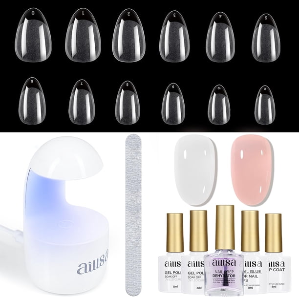 Kit de uñas de gel AILLSA, puntas cortas en forma de almendra, 240 unidades con pegamento