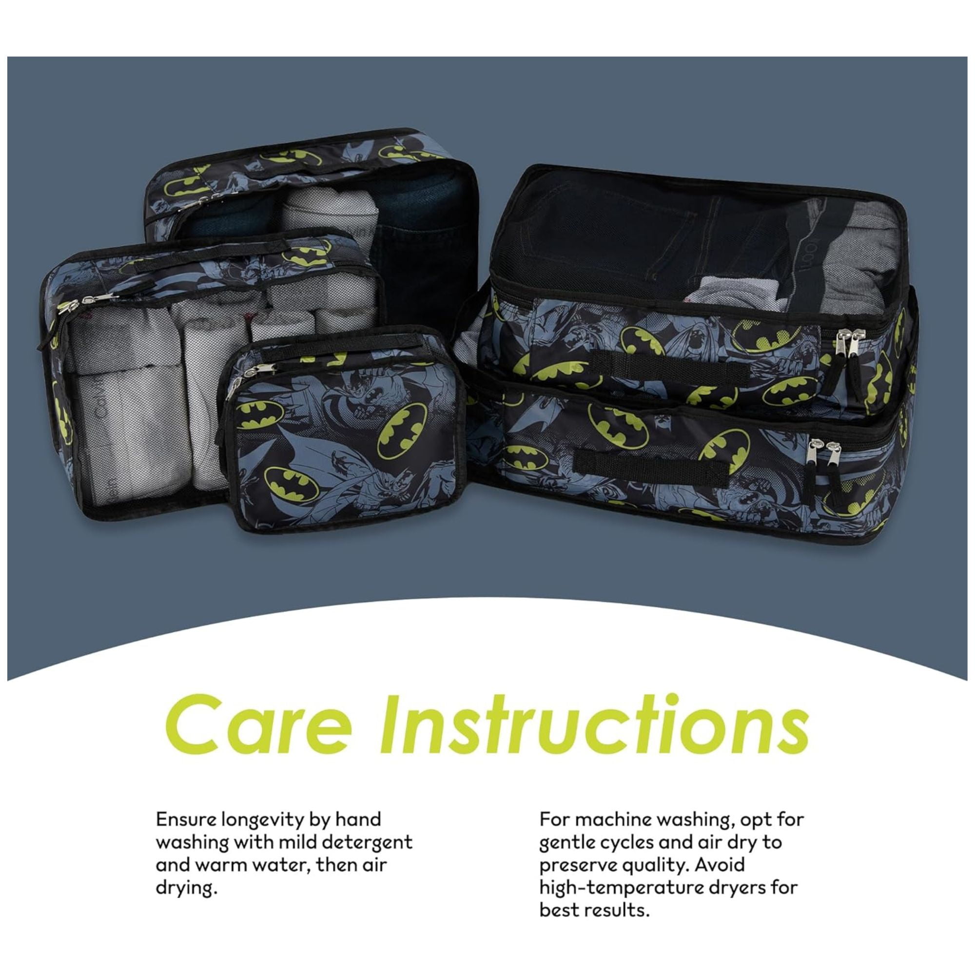 DC Comics Batman Men’s Packing Cubes, 5 Piece Cube Set Suitcase Travel Organizer for Kids and Adult Black