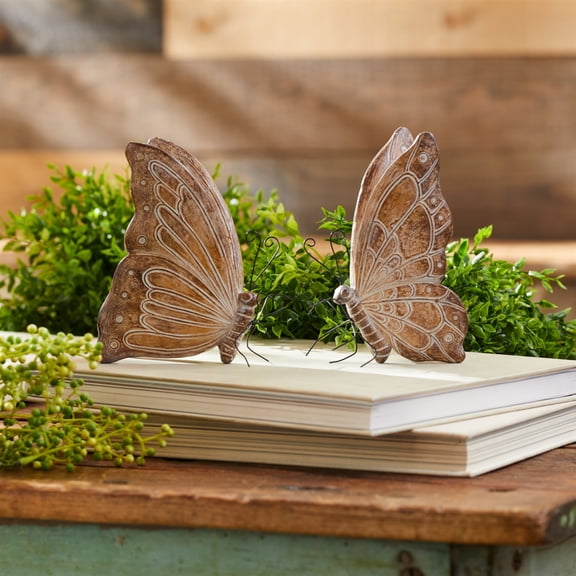 Melrose Etched Butterfly Shelf Sitter Decorations - 6.25" - Brown - Set of 4
