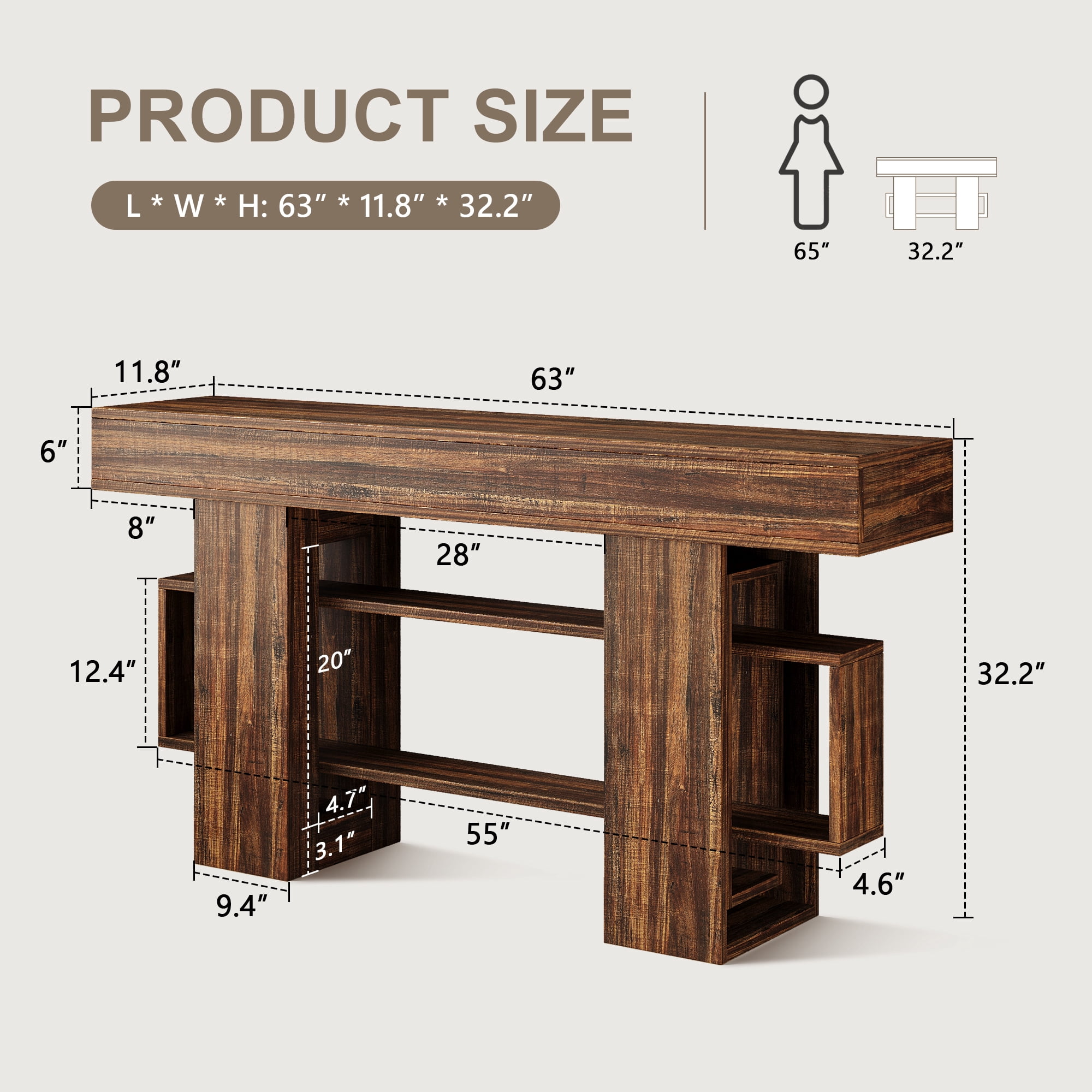 Frmobepts Console Table, Farmhouse 63" Long Narrow Entryway & Sofa Tables for Hallway, Tall Accent Table Behind Couch for Foyer Living Room,Brown