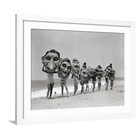 Art.com Women Holding Giant Masks Photographic Print by Bettmann, White Frame Wall Art, 40" x 32"