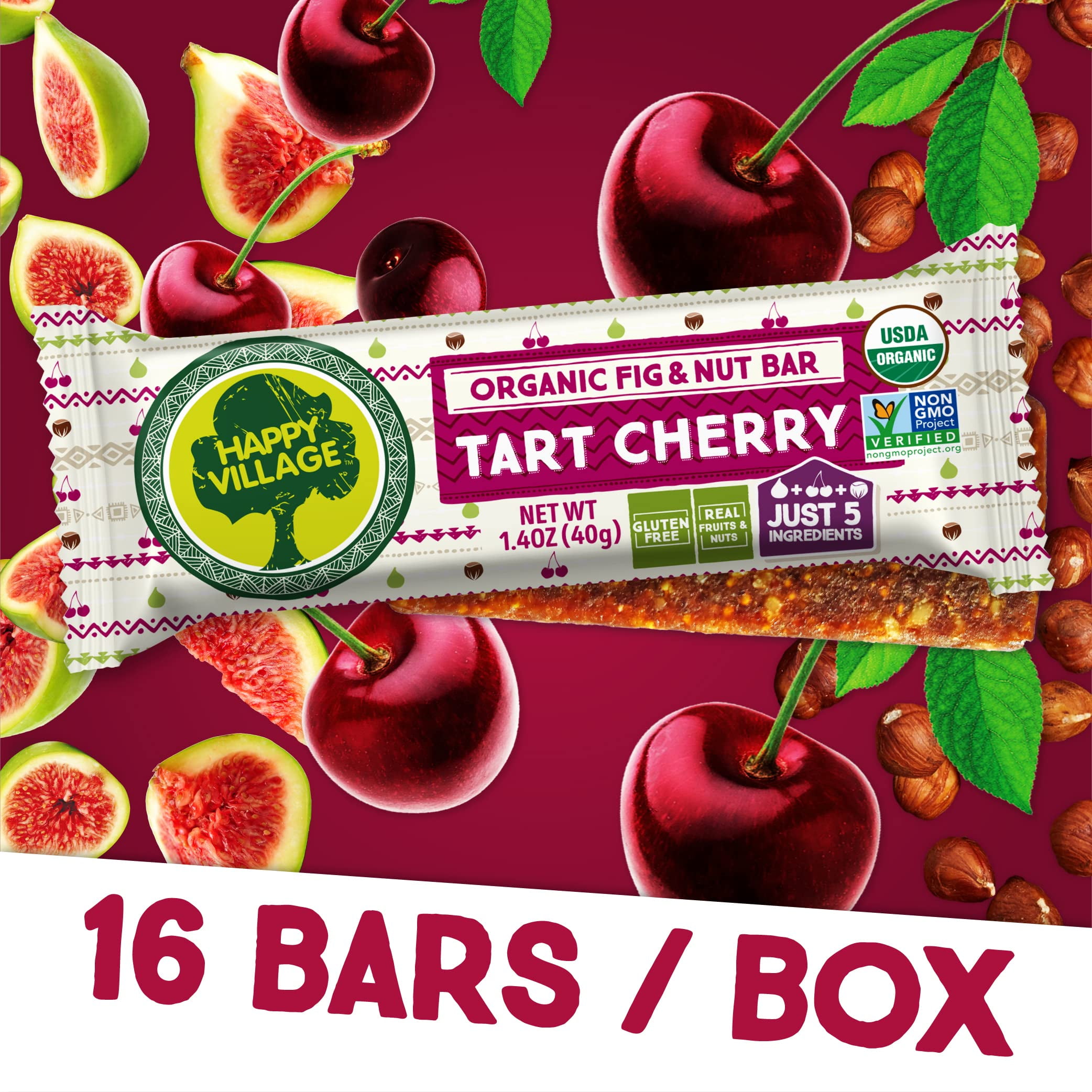 Happy Village Organic Fig & Nut Bar, Tart Cherry | Gluten Free, No Refined Sugar, Non-GMO, Vegan | Healthy Snack (16 x 1.4 oz Each in Carton Box)