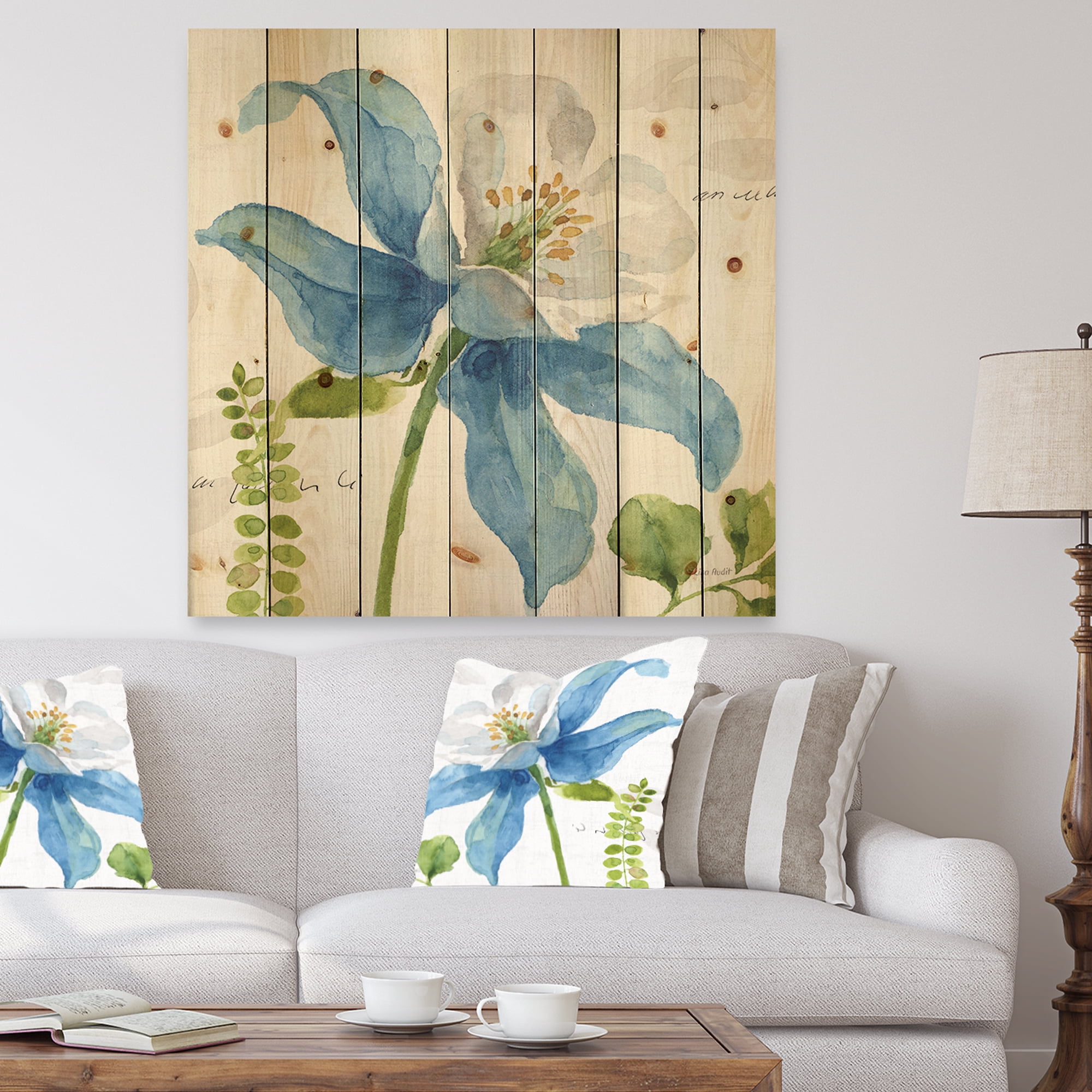 Designart 'Ferns With Blue Columbine Wild Flower' Cabin & Lodge Print on Natural Pine Wood