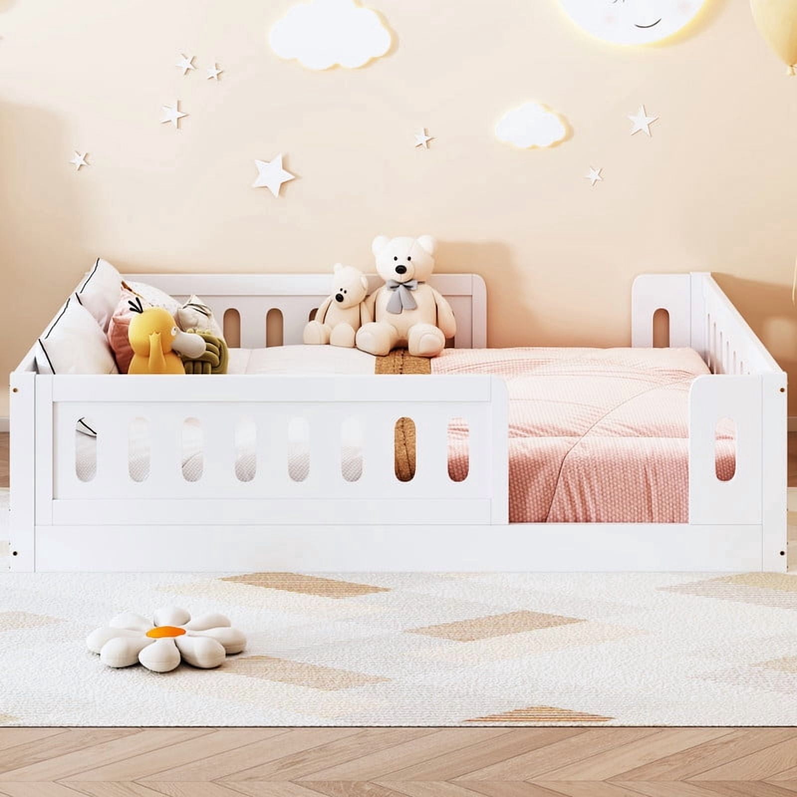 Full Size Low Profile Platform Bed with Guardrails, Wooden Montessori Kids Floor Bed without Support Slat