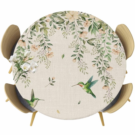 Watercolor Floral Round Tablecloth, Fitted Table Cover with Elastic for 36"-44" Round Tables, Spring Flowers Birds Plants Country Beige Table Cloth Outdoor Indoor Dinning Party Waterproof Tablecloths