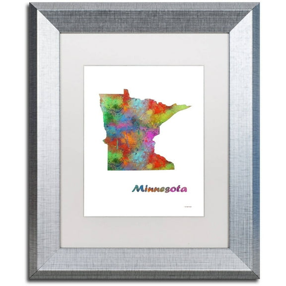 Trademark Fine Art "Minnesota State Map-1" Canvas Art by Marlene Watson, White Matte, Silver Frame