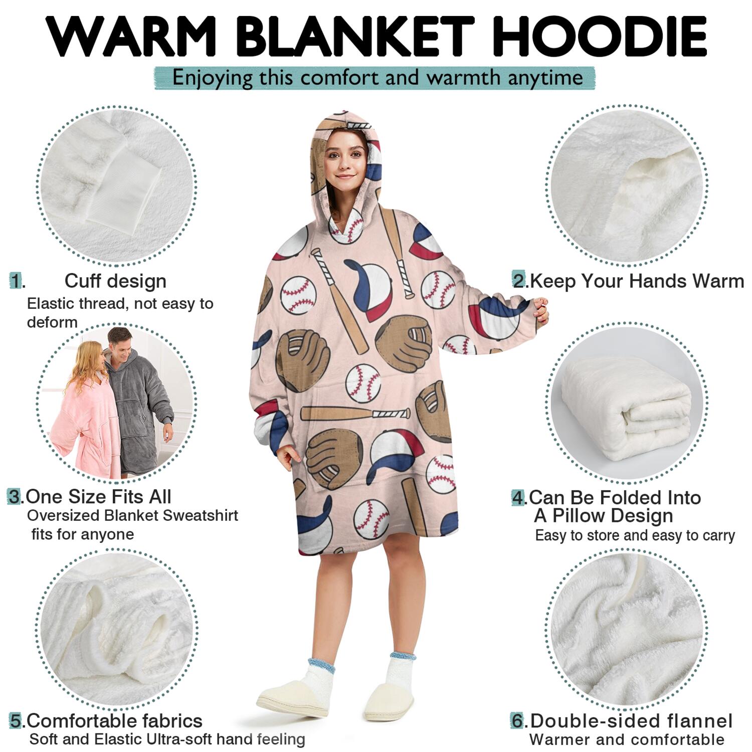 Pink Baseball Gear Pattern Wearable Oversized Blanket,Wearable Blanket Hoodie for Adults,Cozy Hooded Blankets with Super Pockets,Super Warm Fuzzy Pullover for Women & Men