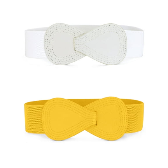 INSPIRE CHIC Women's Elastic Waist Belt Interlock 8-shaped Faux Leather Stretchy Dress Belts 68.6cm/27" Yellow & White