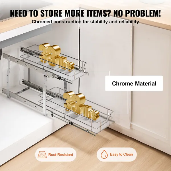 Heavy Duty Pull Out Cabinet Organizer 8.5Wx21Dx15H Steel Roll Out Drawers Sliding Pantry Shelves Under Sink Storage 10Wx22Dx18H Install Size