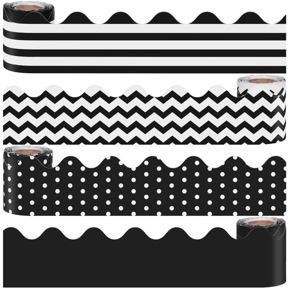 Elcoho 4 Pack 131.2 ft Black Scalloped Bulletin Board Border Roll, Back to School Trim Decor for Classroom Office Wall Displays