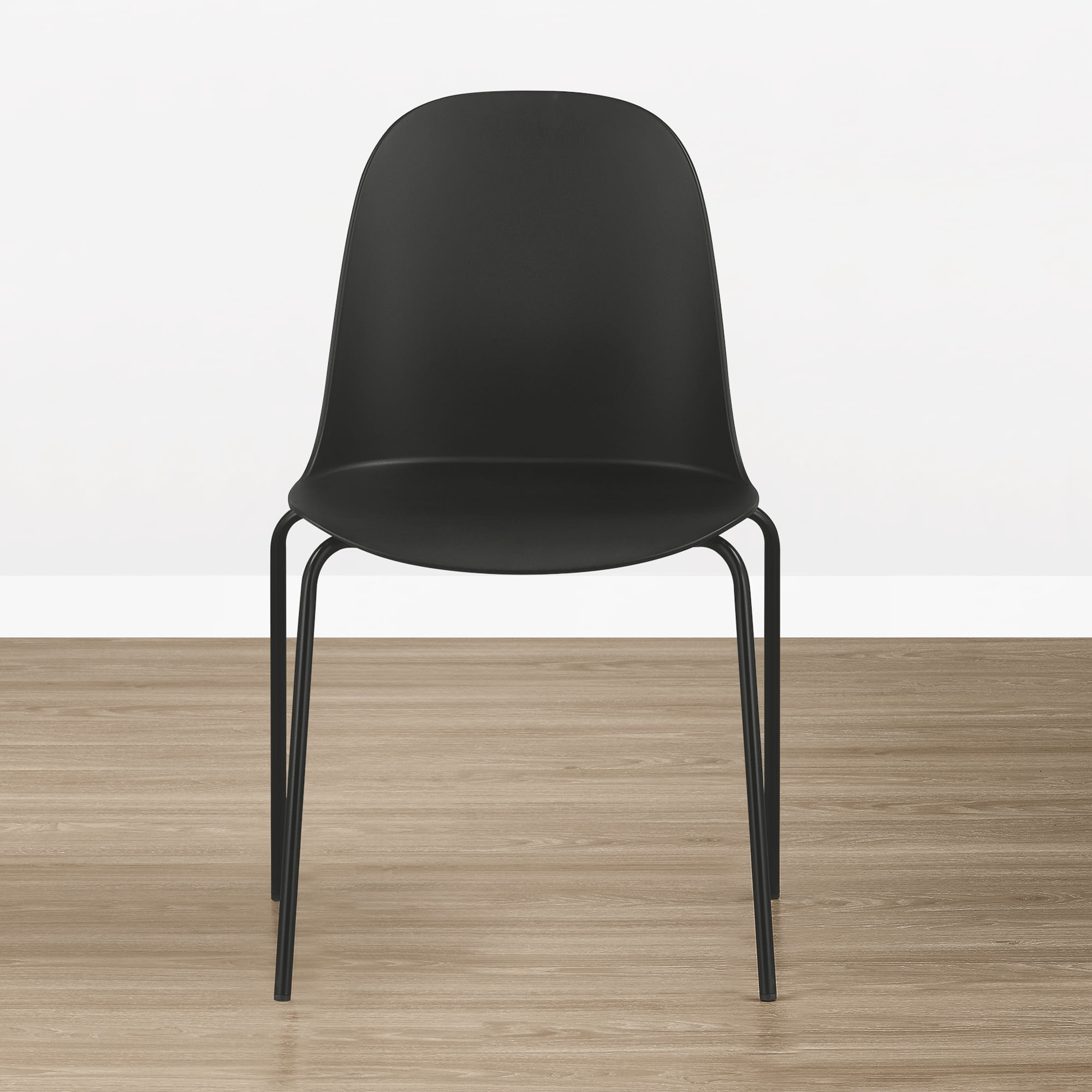 Spruce & Spring Modern Stackable Dining Chairs, Molded Plastic Kitchen Chairs with Metal Legs, Space-Saving Armless Design, BLACK, Set of 4