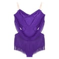 thumbnail image 4 of TiaoBug Women's Salsa Latin Dance Dress Fringe Tassels Camisole Leotard Sleeveless Rhinestones Mesh Bodysuit Purple XL, 4 of 5