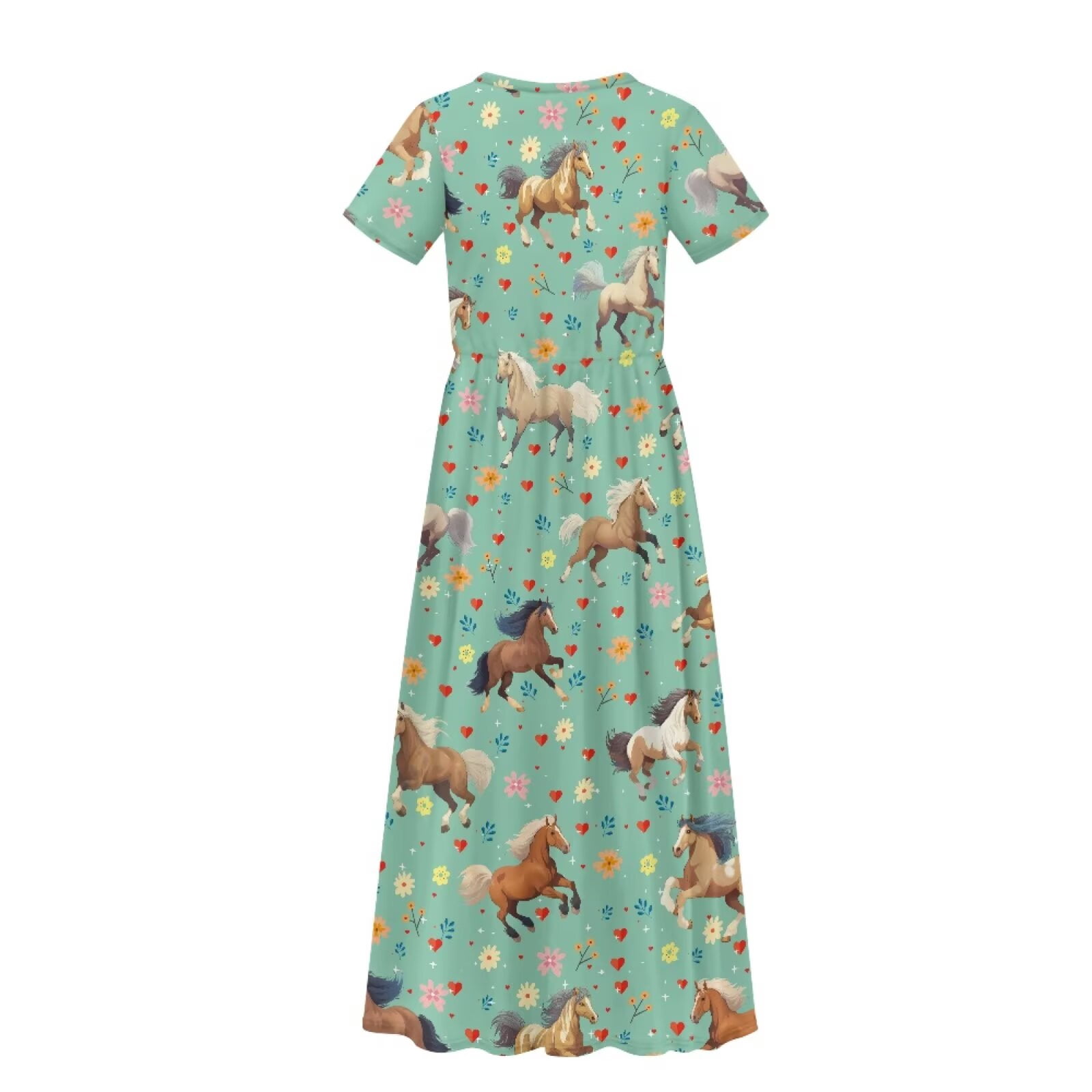 Uourmeti Tween Girls Maxi Dress Short Sleeve Round Neck Casual Flowy Horse Print Summer Long Dress for Girls Big Kids, Size 9-10 Years