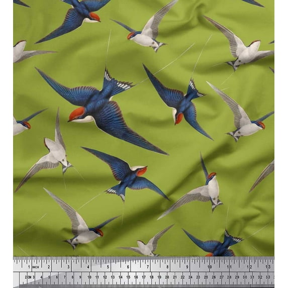 Soimoi Green Cotton Voile Fabric Flying Woodpecker Bird Printed Fabric 1 Yard 42 Inch Wide