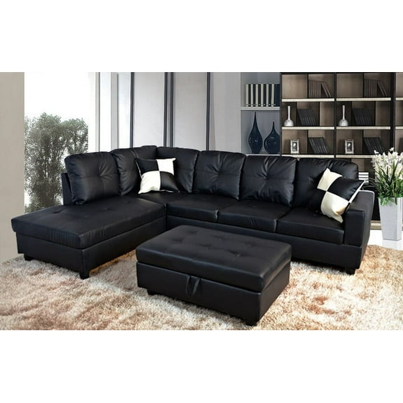 PonLiving Furniture ROY Faux leather SECTIONAL SOFA Left Facing with Ottoman Black PonLiving ROY Faux leather SECTIONAL SOFA Left Facing with Ottoman Black