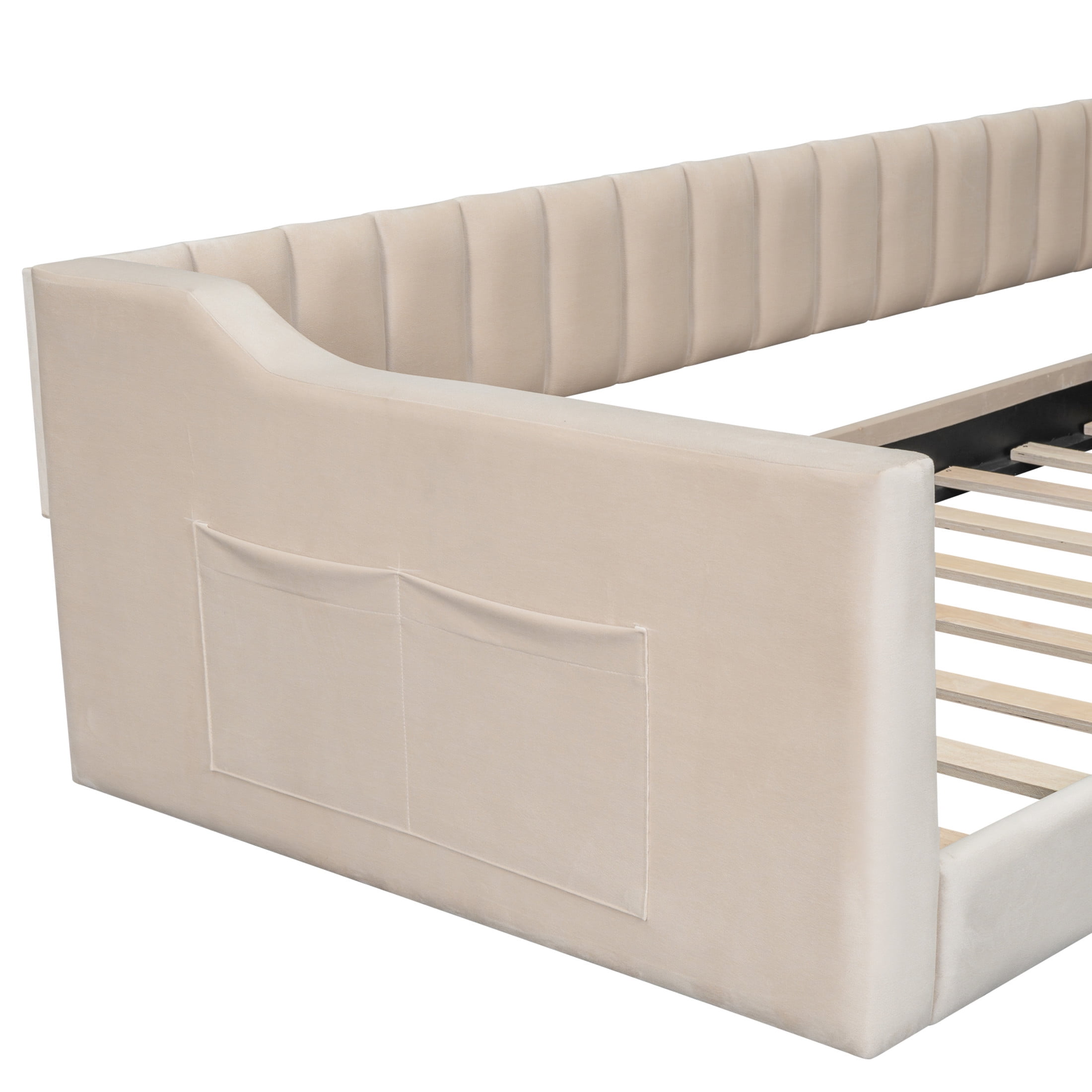 Noble House Twin XL Upholstered Daybed, Velvet Vertical Channel Tufting with Side Storage Pocket, Space Saving, Beige