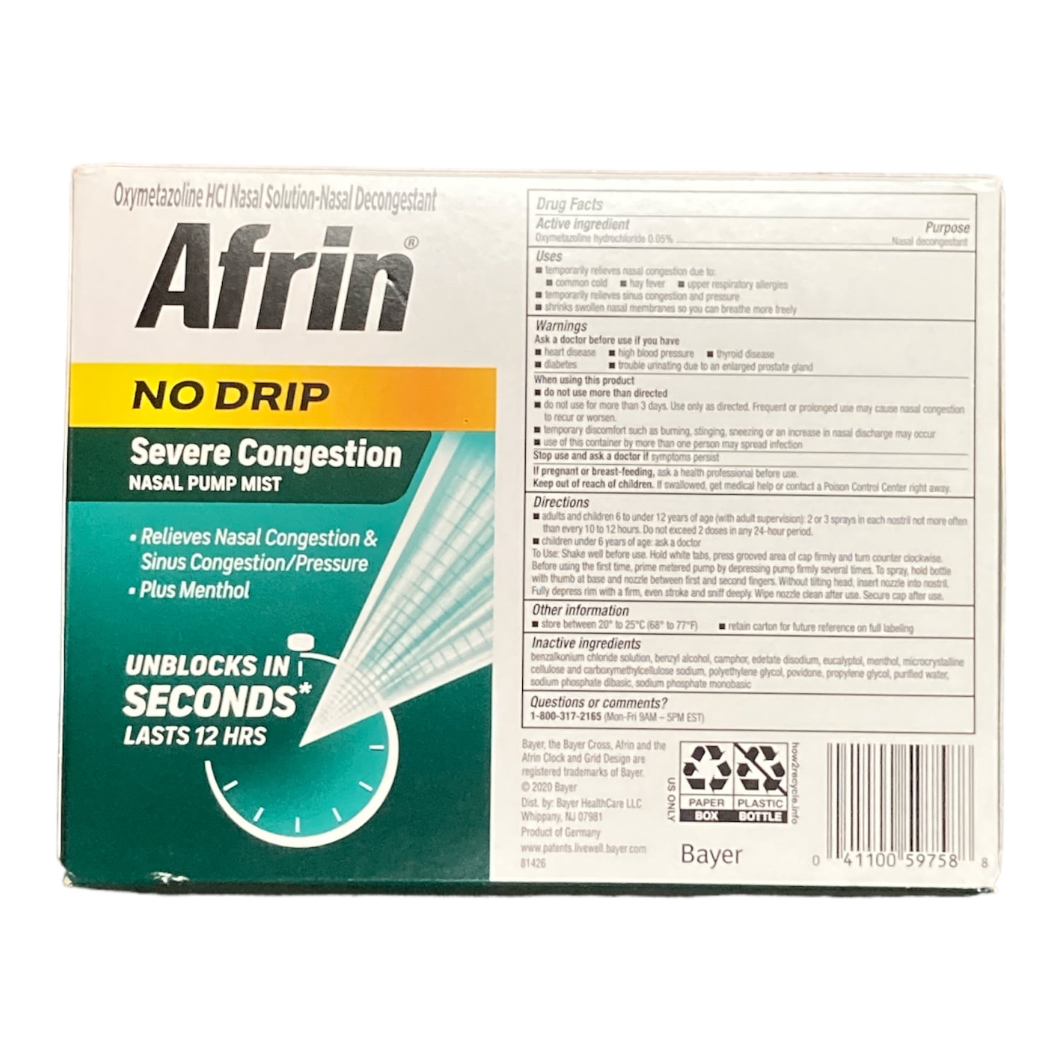 Afrin No Drip Severe Congestion Pump Mist Nasal Spray 20 ml - 3 Pack