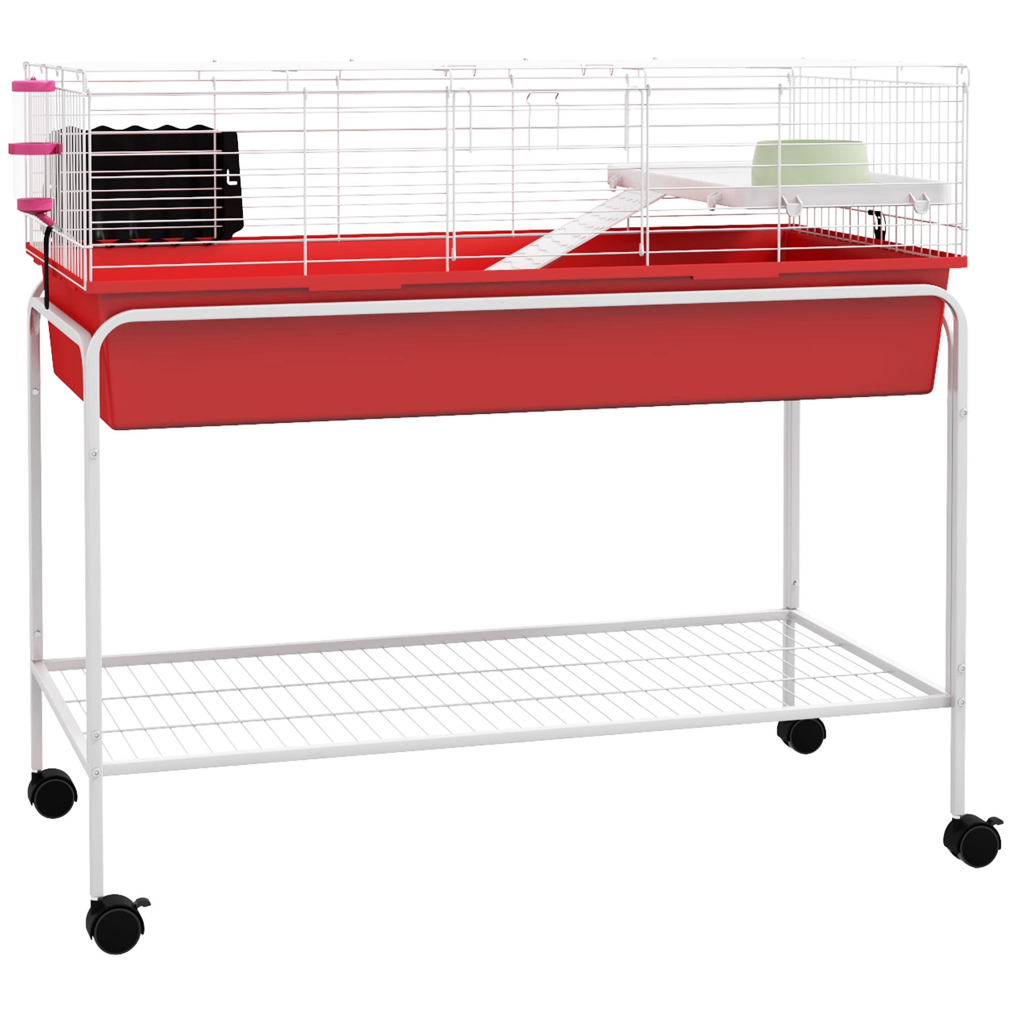 PawHut 39" Small Animal Cage Guinea Pig, Hedgehog, Ferret Pet Habitat, Red