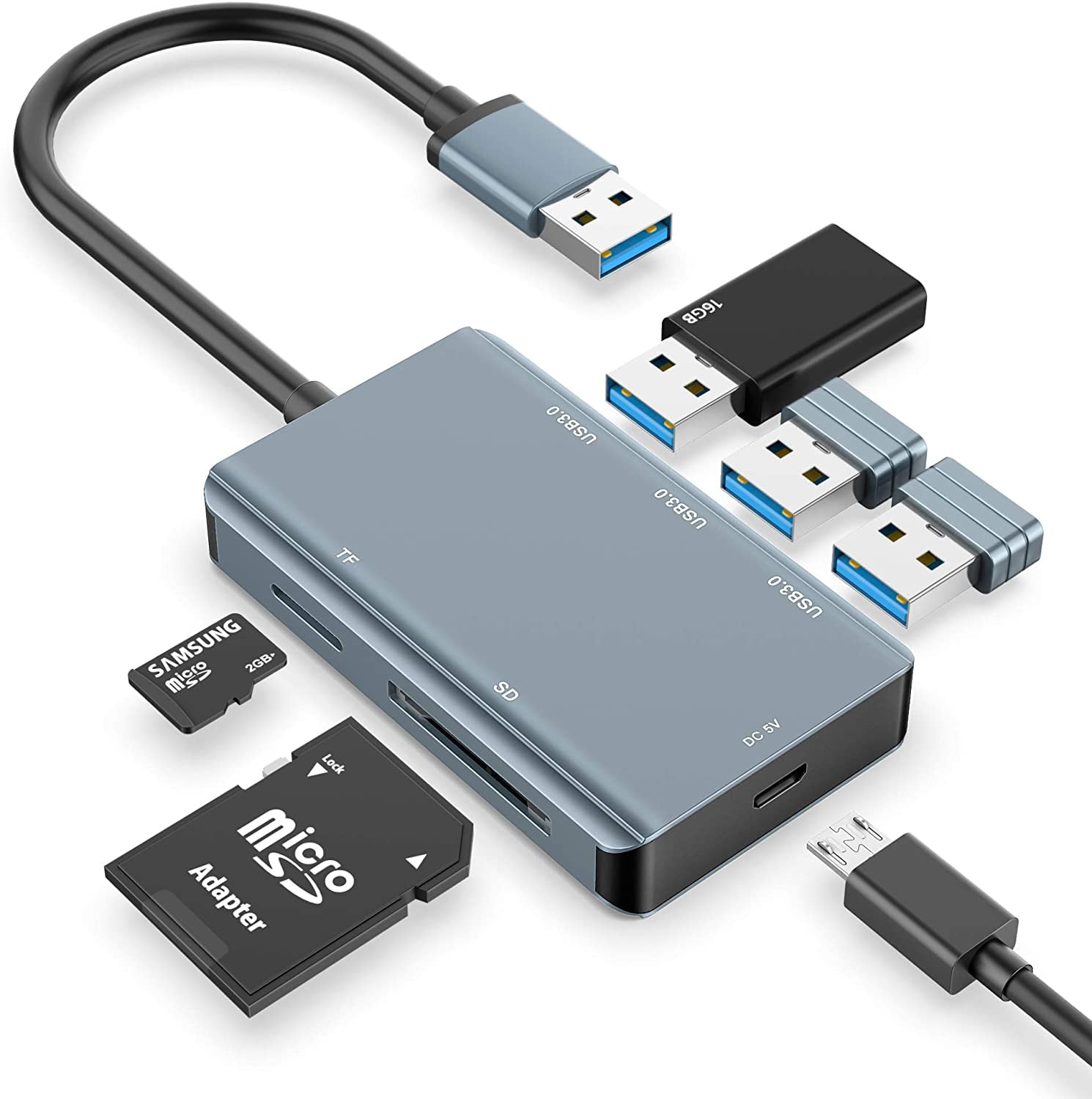 USB 3.0 USB Card Reader Adapter with 3 USB 3.0 Ports + SD