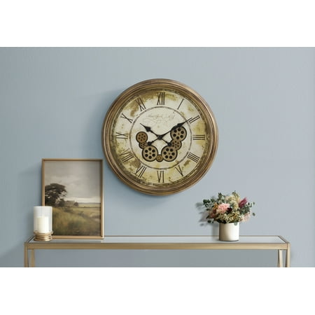 LiviNest Large Wall Clock for Living Room: 23 Round Gear Mechanism Statement Piece - Antique Brown Transitional Decor with Roman Numerals & Quiet Quartz Movement