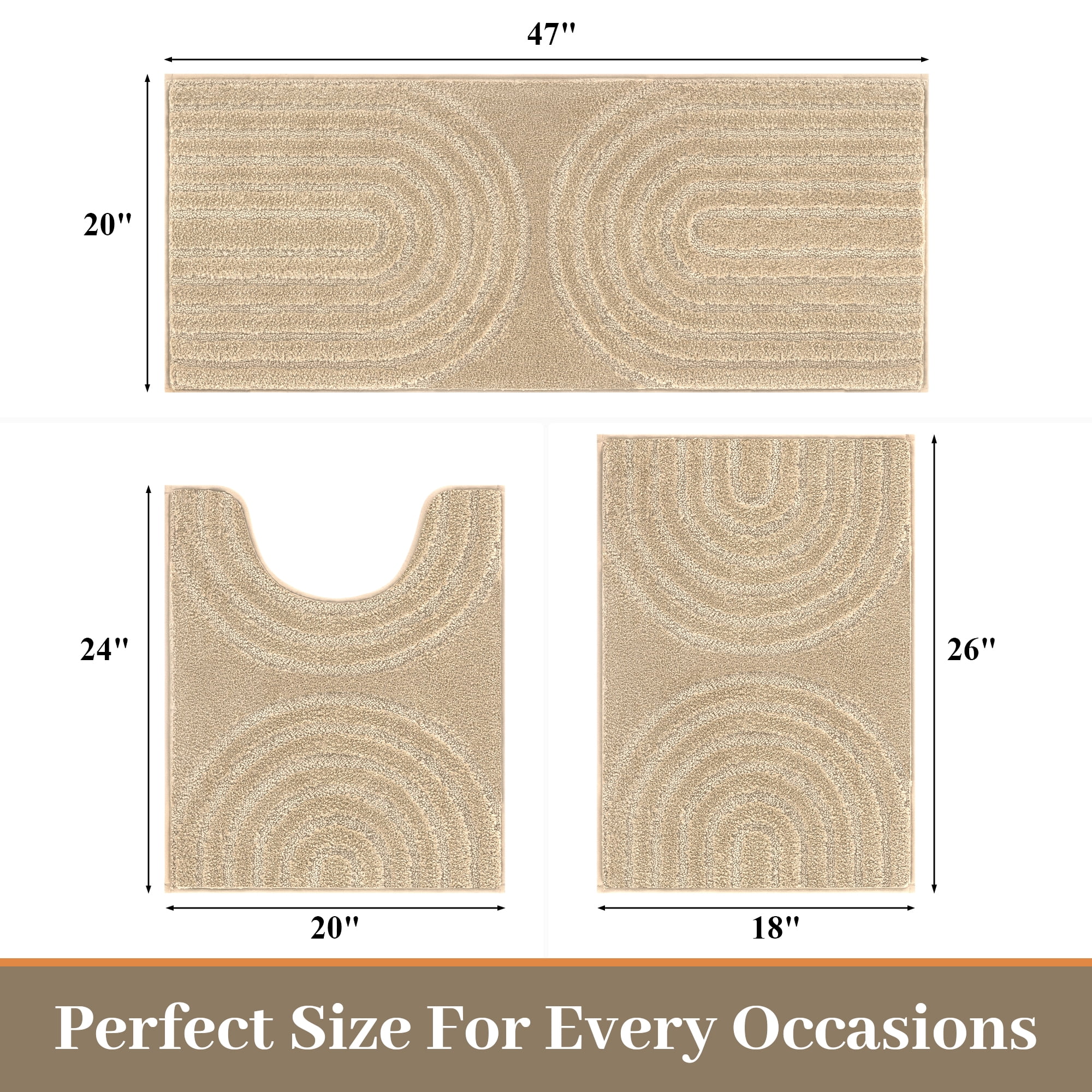 Vaukki Geometric Bathroom Rug Set of 3 Microfiber Soft Absorbent Non Slip Bath Rugs for Bathroom，(18"x26"+20"x47"+20"x24"，Beige)