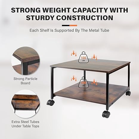 Heavy Duty  Printer Stand with Locking Wheels,  Large Printer Table Shelf, Holds 100 lbs per Shelf - Fits Most 60" Desks, Perfect for Office, Home, Laser Printer or Mini Fridge