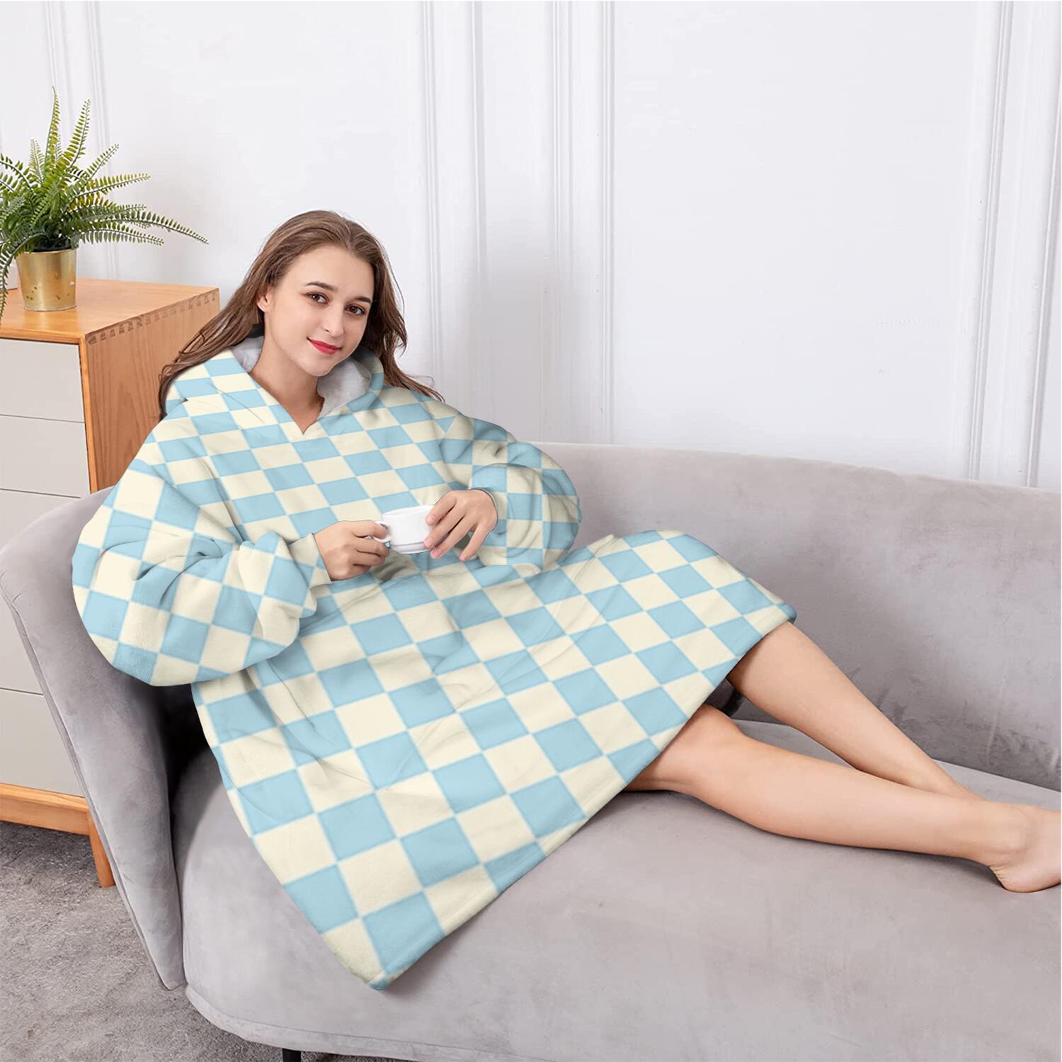 Oversized Wearable Blanket Hoodie,Light Blue and Cream Checkered Pattern Sherpa Blanket Hoodie with Super Pockets,Super Warm Fuzzy Pullover for Women & Men