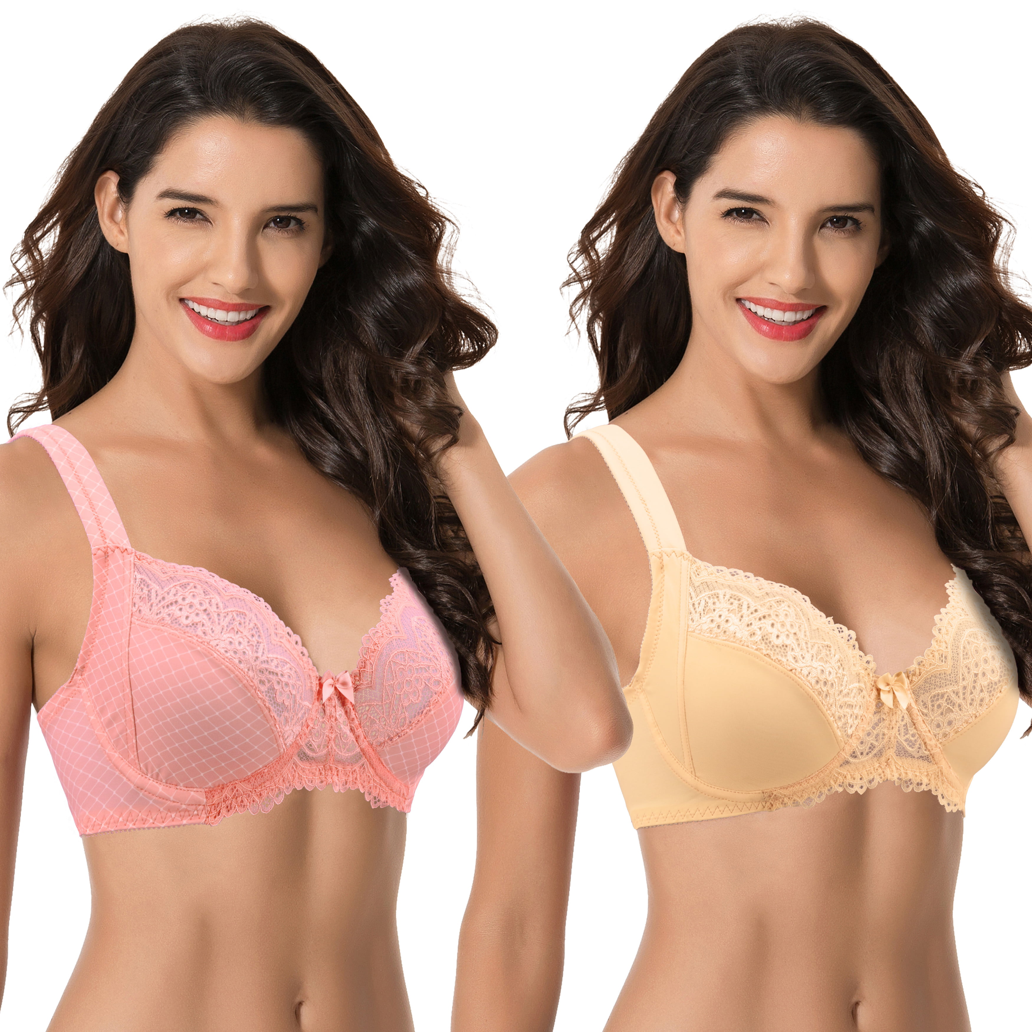 Curve Muse Womens Lightly Padded Underwire Lace Bra with Padded Shoulder Straps