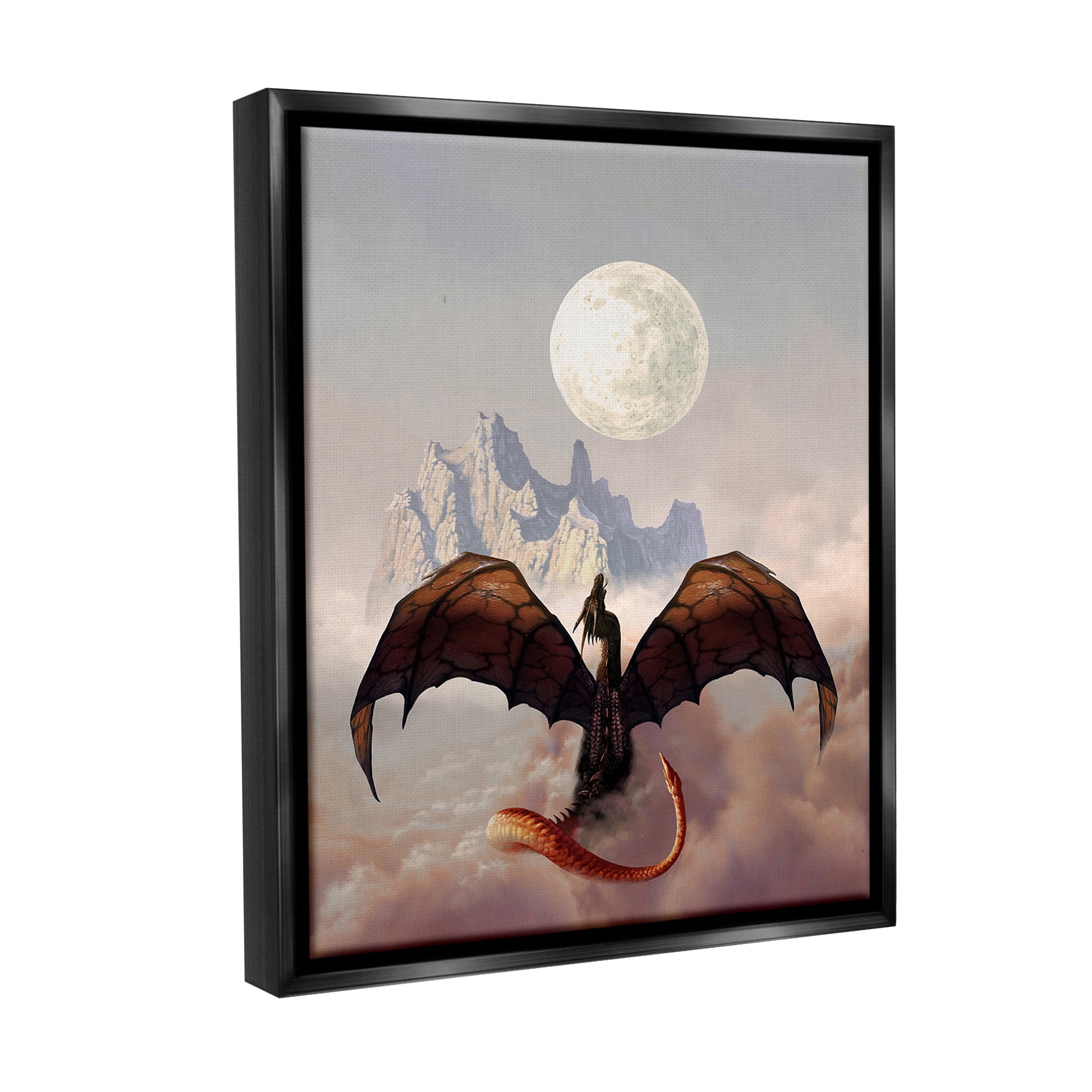 Stupell Industries Dragon & Full Moon Fairy Tales & Fantasy Painting Black Floater Framed Canvas Art Print Wall Art, 17 x 21