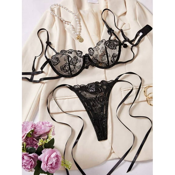 Classy Black Lingerie Sheer Embroidery Bra and Panty Set