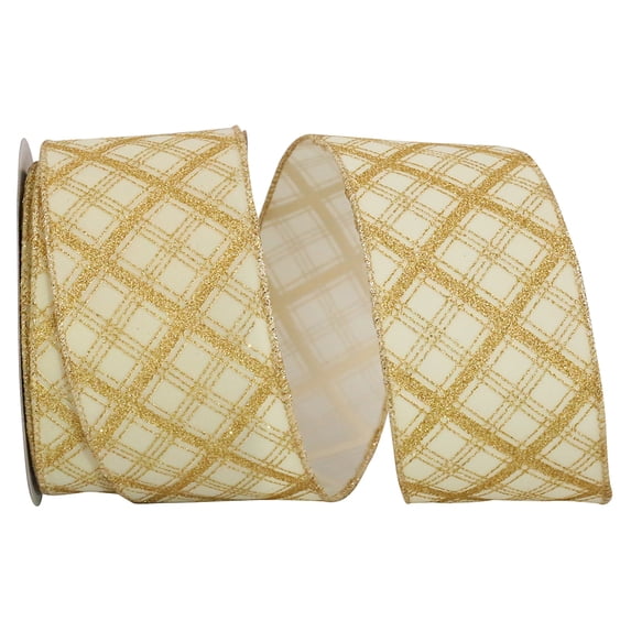 Reliant Ribbon - 93590W-992-40F, Lattice Glitter Velvet Wired Edge Ribbon, Ivory/gold, 2-1/2 Inch, 10 Yards