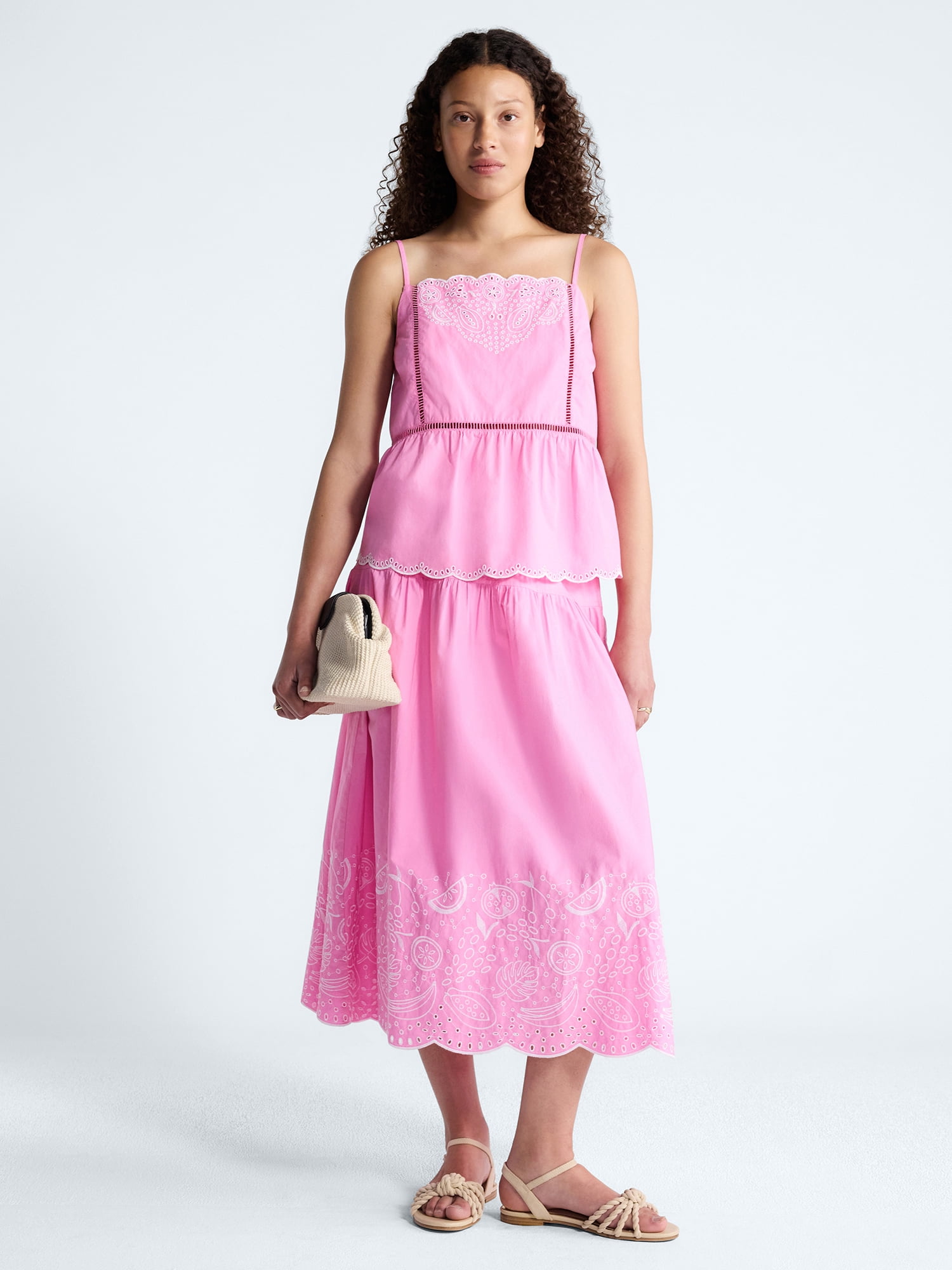 Free Assembly Women's Tie Waist Embroidered Cotton Midi Skirt, Sizes XS-XXL