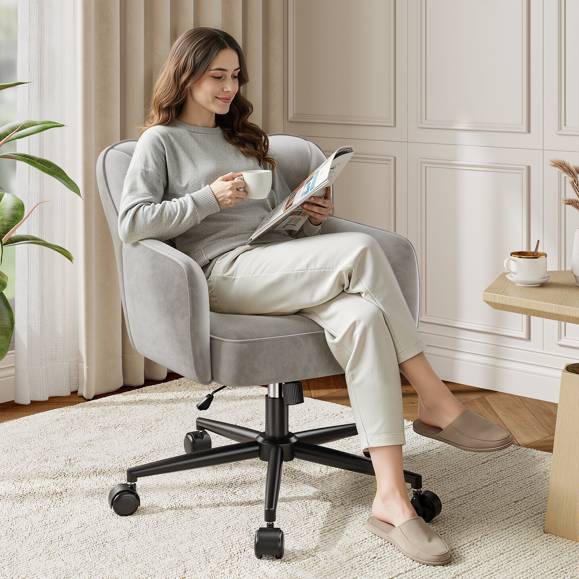 Romorgniz Vanity Chair with Wheels & Back Desk Chair Adjustable Height for Makeup, Work & Relaxation, Gray