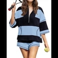 thumbnail image 1 of Conjunto Deportivo de Dos Piezas A Rayas para Mujer, Chándal Extragrande, Conjunto de Top y Pantalones Cortos con Bolsillos, Negro y Azul, Talla XXL, 1 of 7