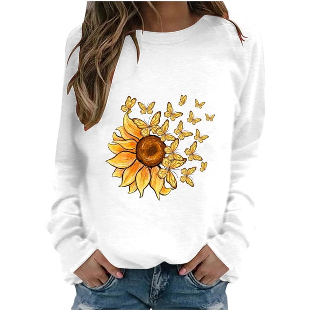 HKEJIAOI Chandail Graphique Tournesol Femme Manches Longues T-Shirt Décontracté Col Rond chandail Ample, Blanc P