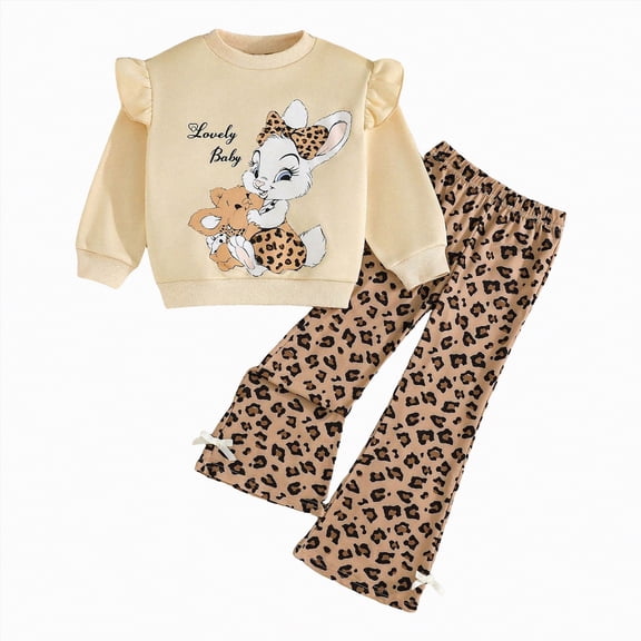CAICJ98 Kids Girls Clothes Toddler Girl Fall Winter Outfits Long Sleeve Print Sweatshirt Pants Set Girls Spring Clothing Set (Khaki,6-7 Years)