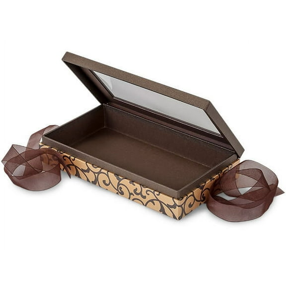 18 PK, Elegant Chocolate Scroll Window Box With Ribbon, 8.25 x 4.5 x 1.5" For Party, Holiday & Events