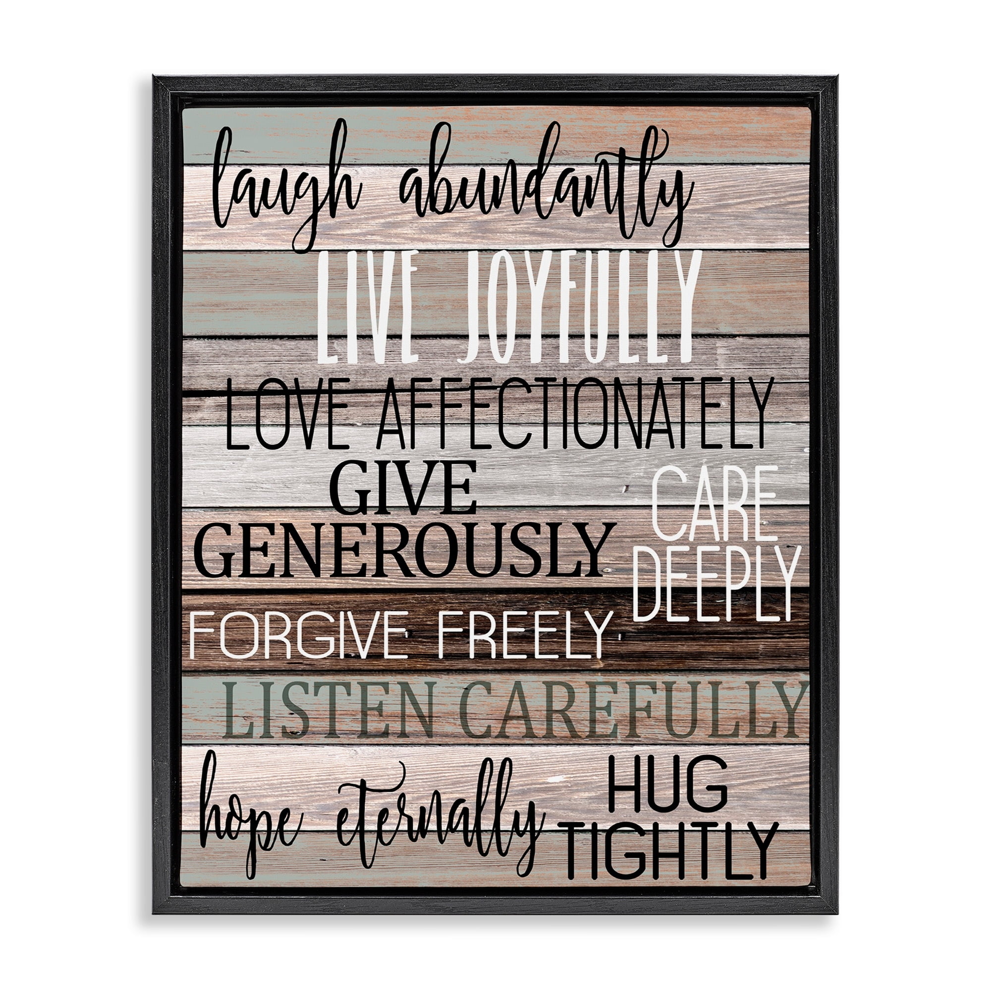 Stupell Industries Live Joyfully Phrases on Wood Grain Brown Tan Teal Jet Black Framed Floating Canvas Wall Art, 16x20, by Kim Allen