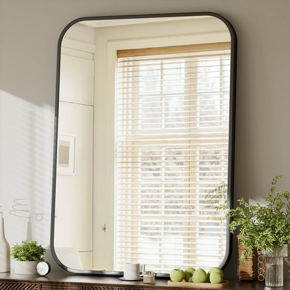 YVANLA 36"x24" Rectangular Bathroom Mirror Round-edged Wall Mounted Mirror with Aluminum Alloy Frame, Black