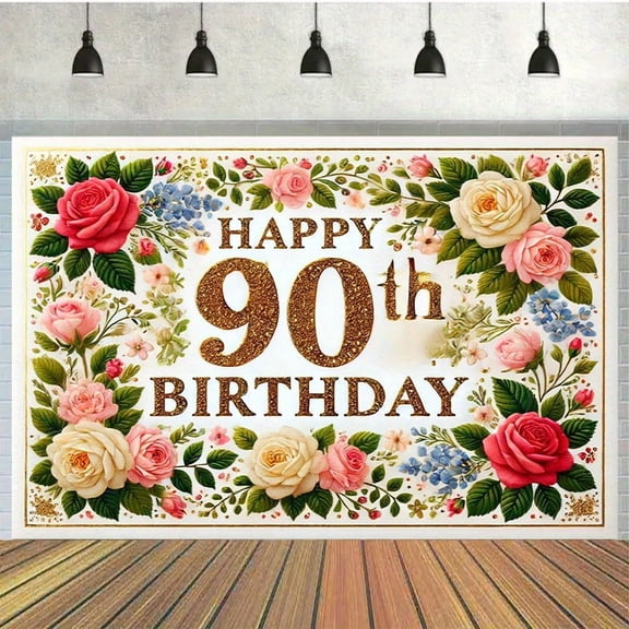 Happy 90th Birthday Red White Rose 90th Birthday Photography Background Colorful Floral 90 Years Old Birthday Party Decorations Banner Supplies Photo Booth Props