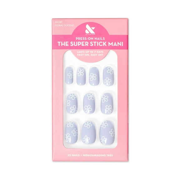 Olive & June Super Stick Mani Round Short Press-On Tabs, Floral Doodle, 32 Pieces