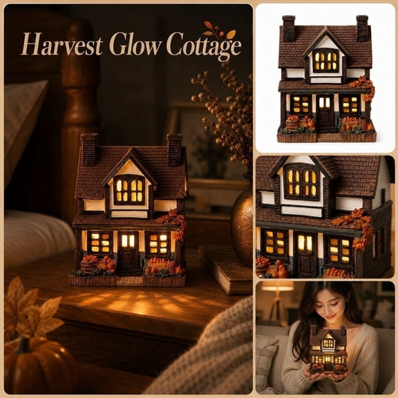LED Lighted Fall Harvest Cottage Figurine, 5.91x3.94x7.09in Warm White Pumpkin House Night Light for Bedroom Table Decor